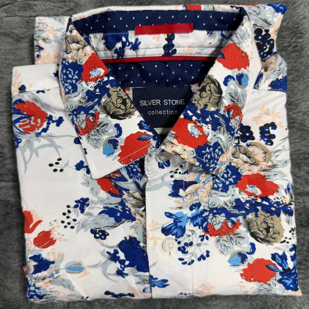 Silver Stone Collection‎ Floral Shirt Mens L White Red Blue Short Sleeve Modern